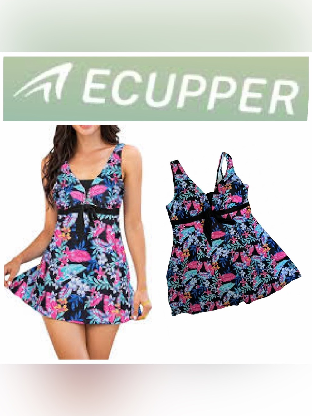 ECUPPER Women's Black Tropical Floral One-Piece Swimdress